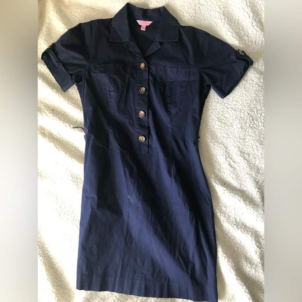 Lilly Pulitzer Navy Blue Collard Button Up Rolled Sleeve Dress Size 8